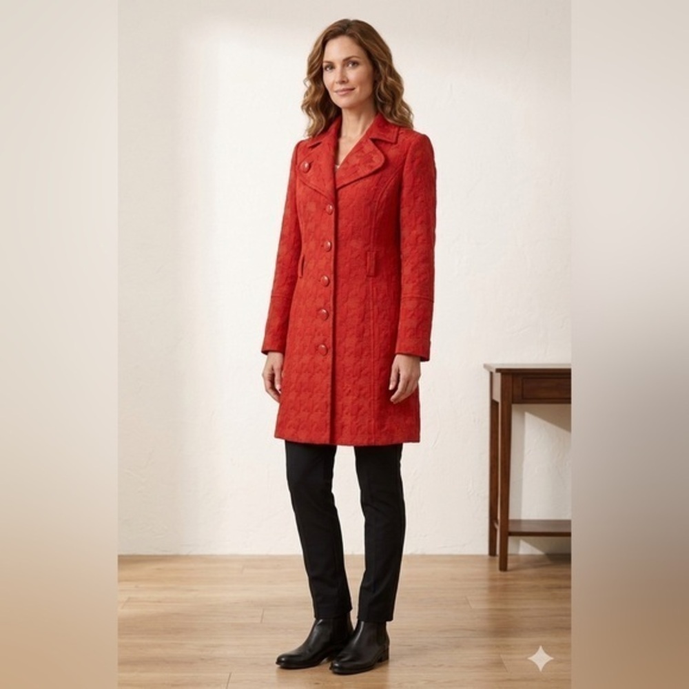 Etcetera Women’s 10 Red Textured Jacquard Coat Dress Jacket M Classic